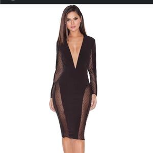 NWT House of CB Niida Black Sheer Panel Bodycon Dress Deep V Long Sleeve Dress
